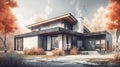 Pencil and watercolor sketch of a modern stylish house with panoramic windows. Al generated Royalty Free Stock Photo