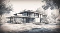 Pencil and watercolor sketch of a modern stylish house with panoramic windows. Al generated Royalty Free Stock Photo