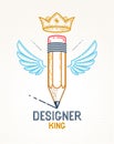Pencil with wings and crown, vector simple trendy logo or icon for designer or studio, creative king, royal design.