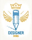 Pencil with wings and crown, vector simple trendy logo or icon for designer or studio, creative king, royal design.