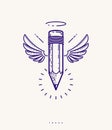 Pencil with wings and nimbus, vector simple trendy logo or icon for designer or studio, creative spirit, angel design, linear