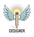 Pencil with wings, vector simple trendy logo or icon for designer or studio, creative freedom.