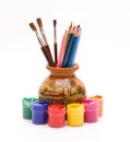 Pencils and brushes in vase Royalty Free Stock Photo