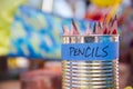 Pencils in can with blue label Royalty Free Stock Photo