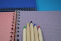 Pencils crayons lying on wire bound open notebook