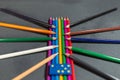 Pencils with dice and domino on a grey background.Flag of the Italian peace organization PACE