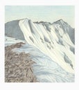 Pencils drawing mountain landscape: snow-capped mountains, mountain range, crayons