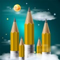 Pencils like buildings with the emoji sun shining on them and clouds, vector image