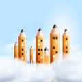 Pencils like city buildings surrounded by clouds, vector illustration