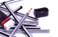 Pencils, manual sharpener and eraser Royalty Free Stock Photo