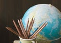 Pencils and old school globe, back to school background Royalty Free Stock Photo