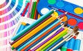 Pencils, paint and color chart of all colors Royalty Free Stock Photo