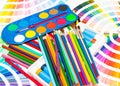 Pencils, paint and color chart of all colors Royalty Free Stock Photo