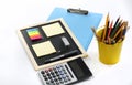 Pencils, pen, memo pads, clipboard and calculator Royalty Free Stock Photo