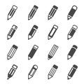 Pencils  pens assortment bold black silhouette icons set isolated on white. Crayons  felt-tip markers Royalty Free Stock Photo