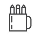 Pencils and pens in a cup line icon