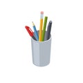 Pencils and pens in desktop holder. Office stationery. Royalty Free Stock Photo