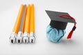 Pencils with QUIZ inscription. Paper education figure with graduation cap