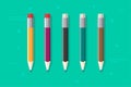 Pencils vector set isolated, flat cartoon color pencil with rubber