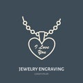 Pendant on chain jewelry illustration. Flat line icon for engraving service, jewellery store logo. Engraved jewels