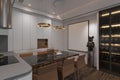 Pendant Chandelier Haning on the Ceiling, Artificial Plant in a vase on the Marble Table attached kitchen island with Brown