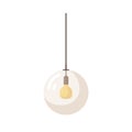 Pendant lamp, glass shade. Transparent sphere with lightbulb, electric light with lampshade, hanging on ceiling. Modern