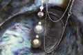 Pendant With Tahitian Black, Tahitian White And Gold South Sea Pearl On Mother of Pearl Shell Royalty Free Stock Photo