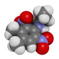 Pendimethalin herbicide molecule. 3D rendering. Atoms are represented as spheres with conventional color coding: hydrogen (white