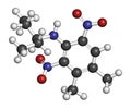 Pendimethalin herbicide molecule. 3D rendering. Atoms are represented as spheres with conventional color coding: hydrogen white.