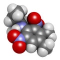 Pendimethalin herbicide molecule. 3D rendering. Atoms are represented as spheres with conventional color coding: hydrogen white.