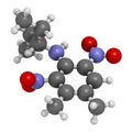 Pendimethalin herbicide molecule. 3D rendering. Atoms are represented as spheres with conventional color coding: hydrogen white.
