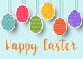 Pending easter multicolored flat eggs isolated. Happy Easter. Easter hanging eggs with different simple