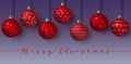 Pending red Christmas Balls isolated. Happy New year. hanging spheres with different simple ornaments. night background