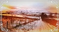 Pendle hill at sunset time in winter. Neatly decorated with Christmas graphic elements. Royalty Free Stock Photo