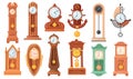 Pendulum clocks. Cartoon antique clock for grandfather livingroom wall, elegant old watch wooden vintage cuckoo watches