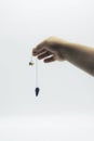 Pendulum dowsing on an isolated white background with an blue crystal and colored chakra stones