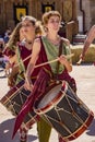 Penedono , Portugal - July 1, 2017 - Female drum corps plays in Medieval fair