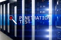 Penetration test. Cybersecurity and data protection. Hacker attack prevention. Futuristic Ã¯Â¿Â½server room on background