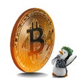 Penguin admiring gold bitcoin