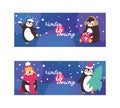 Penguin animal in scarf and ear muffs in winter with falling snow. Funny polar winter bird banner poster. Cartoon