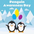 Penguin awareness day card with cute penguin couple boy and girl stand with colorful balloons on arctic background. Royalty Free Stock Photo