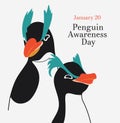 Penguin Awareness Day Vector card on white background. Line art penguin character. Modern line trendy illustration. Penguin Day
