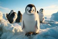 Penguin baby on Antarctic coast or islands, wildlife animals, environment and ecosystem, bird in ice and snow