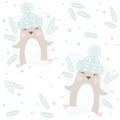 Penguin baby winter seamless pattern. Cute animal in warm hat Christmas background. Royalty Free Stock Photo