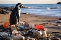 Penguin on the beach with garbage. Pollution of the ocean and coast. generative AI