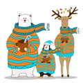 Penguin with bear and deer. Christmas vector