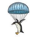 Penguin bird fly on parachute color sketch vector