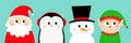 Penguin bird Snowman Santa Claus Elf round head face icon set. Merry Christmas. New Year. Cute cartoon funny kawaii baby character Royalty Free Stock Photo