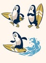 Penguin Bird Surfer Cartoon Set