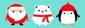 Penguin bird, white bear, Santa Claus face head body round icon set. Red hat, scarf. Cute cartoon kawaii funny baby character. Royalty Free Stock Photo